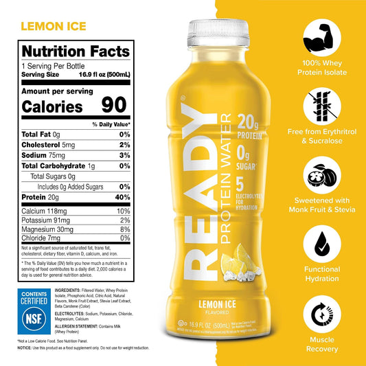 Ready Clear Protein Water, Lemon Ice, 20g Whey Protein Isolate, 12 Pack