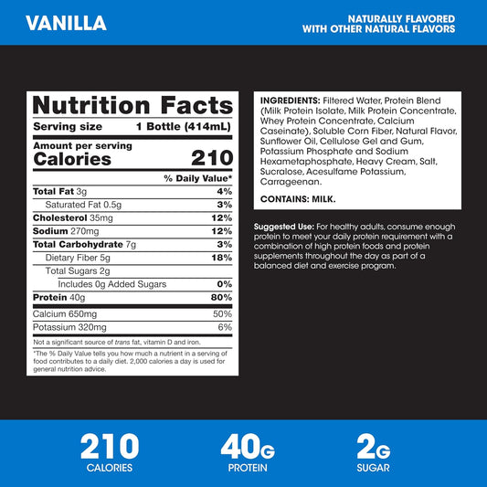 Optimum Nutrition 40g Protein Shake, Vanilla, 14 Fl Oz, 12 Ct