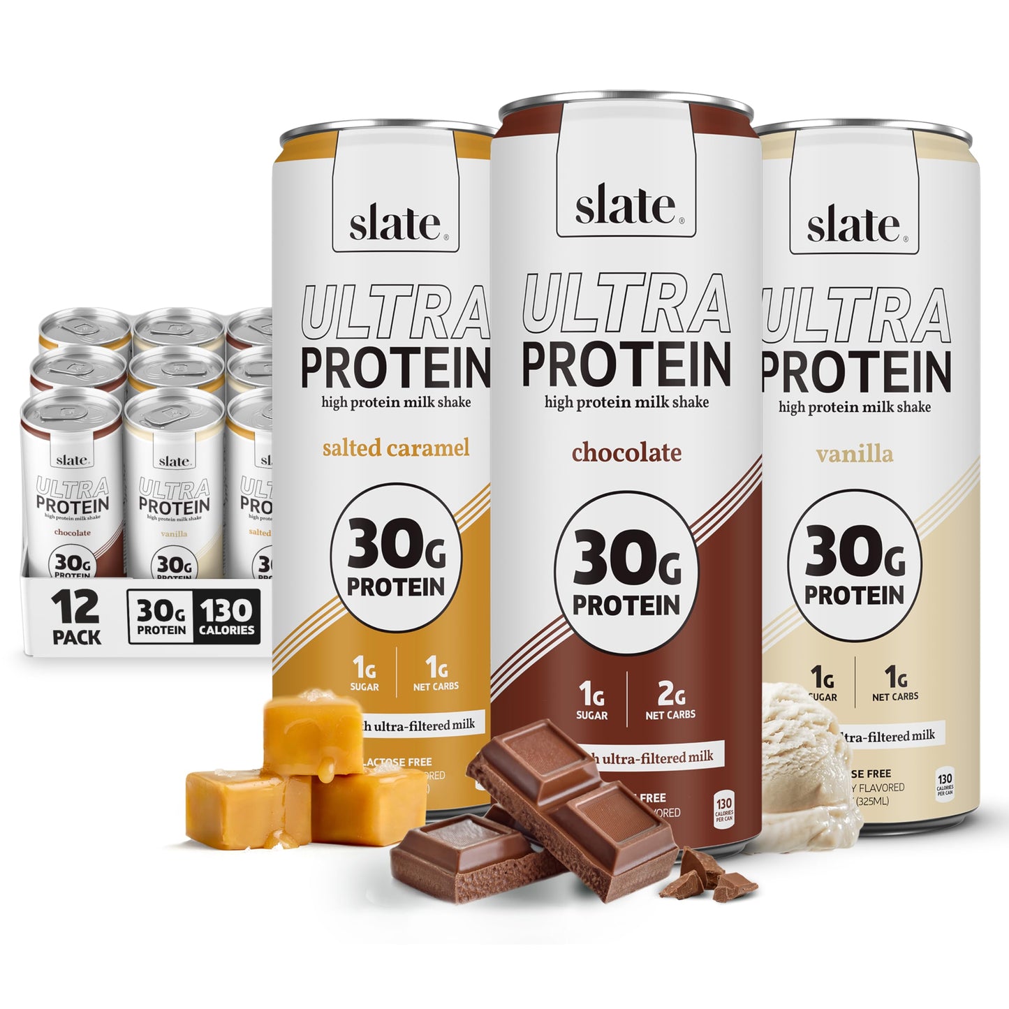 Slate Milk Ultra High Protein Milk Shake (Chocolate & Energy Pack) Chocolate & Café Mocha - 30g Protein, 1g Sugar, 130 Calories, 2g Net Carbs - No Added Sugar - Lactose Free - 11 fl oz, 12 Cans