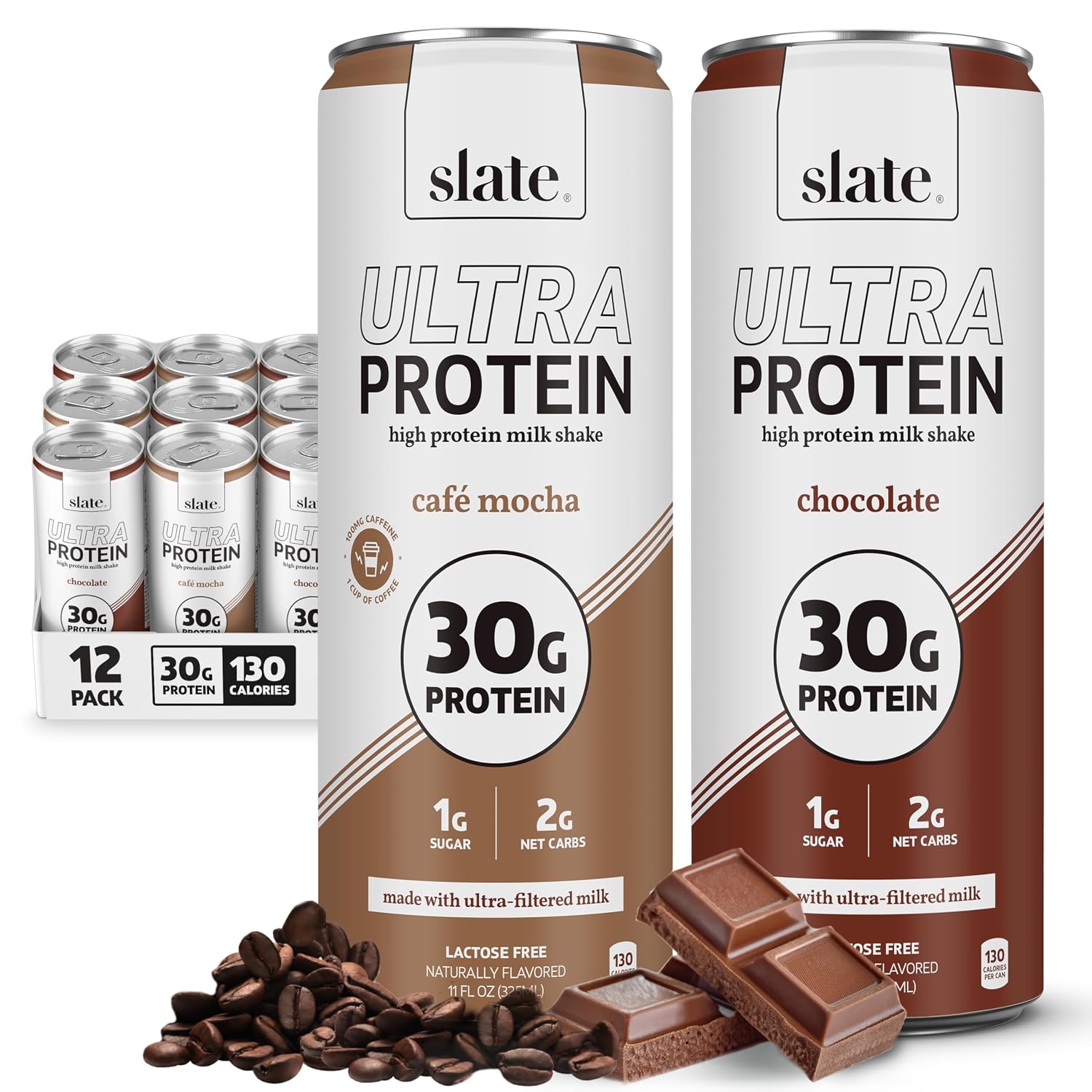 Slate Milk Ultra High Protein Milk Shake (Chocolate & Energy Pack) Chocolate & Café Mocha - 30g Protein, 1g Sugar, 130 Calories, 2g Net Carbs - No Added Sugar - Lactose Free - 11 fl oz, 12 Cans