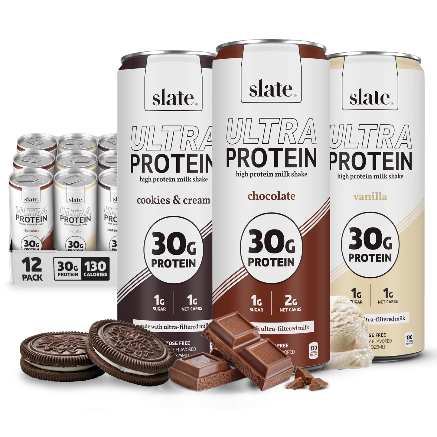 Slate Milk Ultra High Protein Milk Shake (Chocolate & Energy Pack) Chocolate & Café Mocha - 30g Protein, 1g Sugar, 130 Calories, 2g Net Carbs - No Added Sugar - Lactose Free - 11 fl oz, 12 Cans