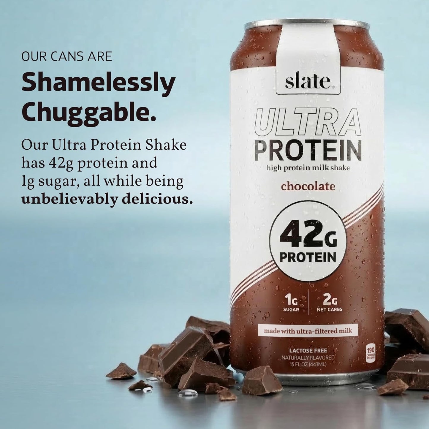 Slate Milk - Ultra Protein Shake - Chocolate - 42g Protein, 1g Sugar, 190 Calories, 2g Net Carbs - Lactose Free, No Added Sugar - Made with Ultra Filtered Milk - Breakfast Boost, Post Workout - 15 fl oz, 12 Cans