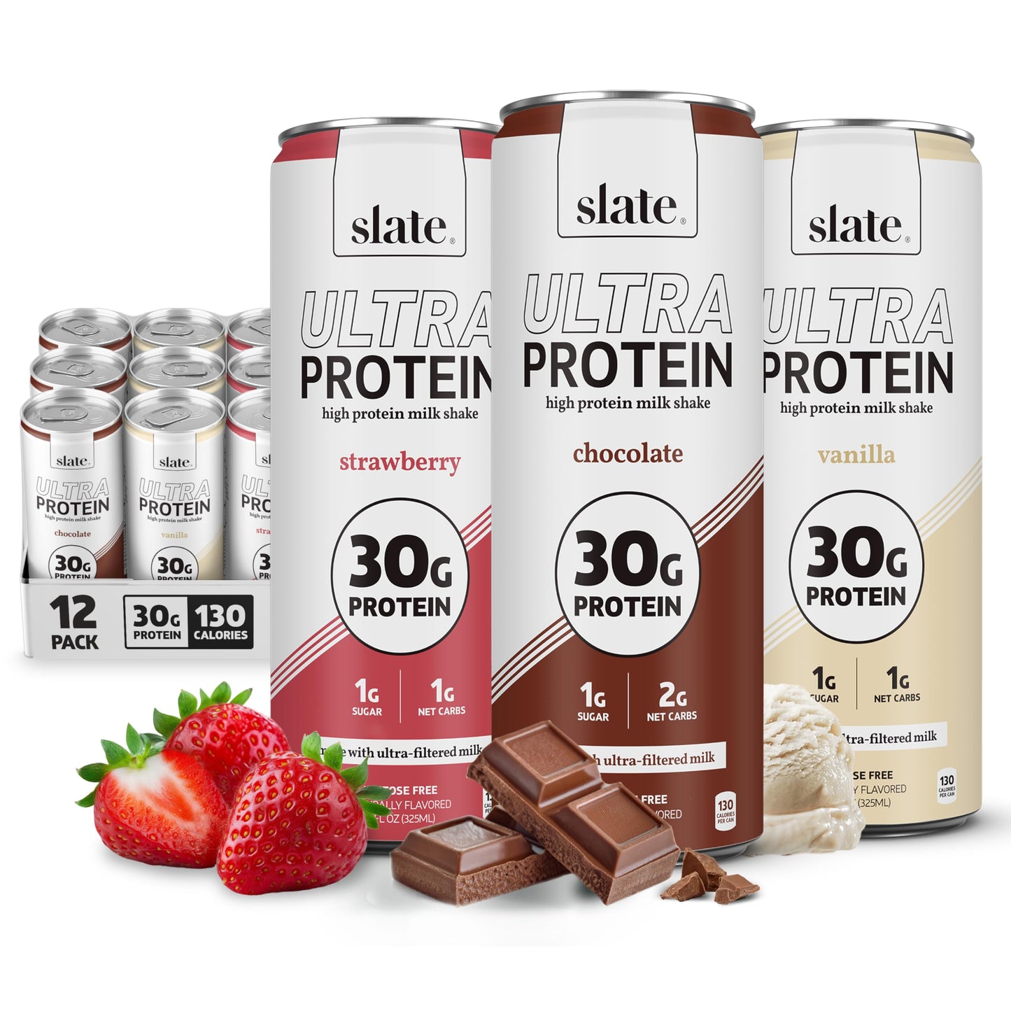 Slate Milk Ultra High Protein Milk Shake (Chocolate & Energy Pack) Chocolate & Café Mocha - 30g Protein, 1g Sugar, 130 Calories, 2g Net Carbs - No Added Sugar - Lactose Free - 11 fl oz, 12 Cans