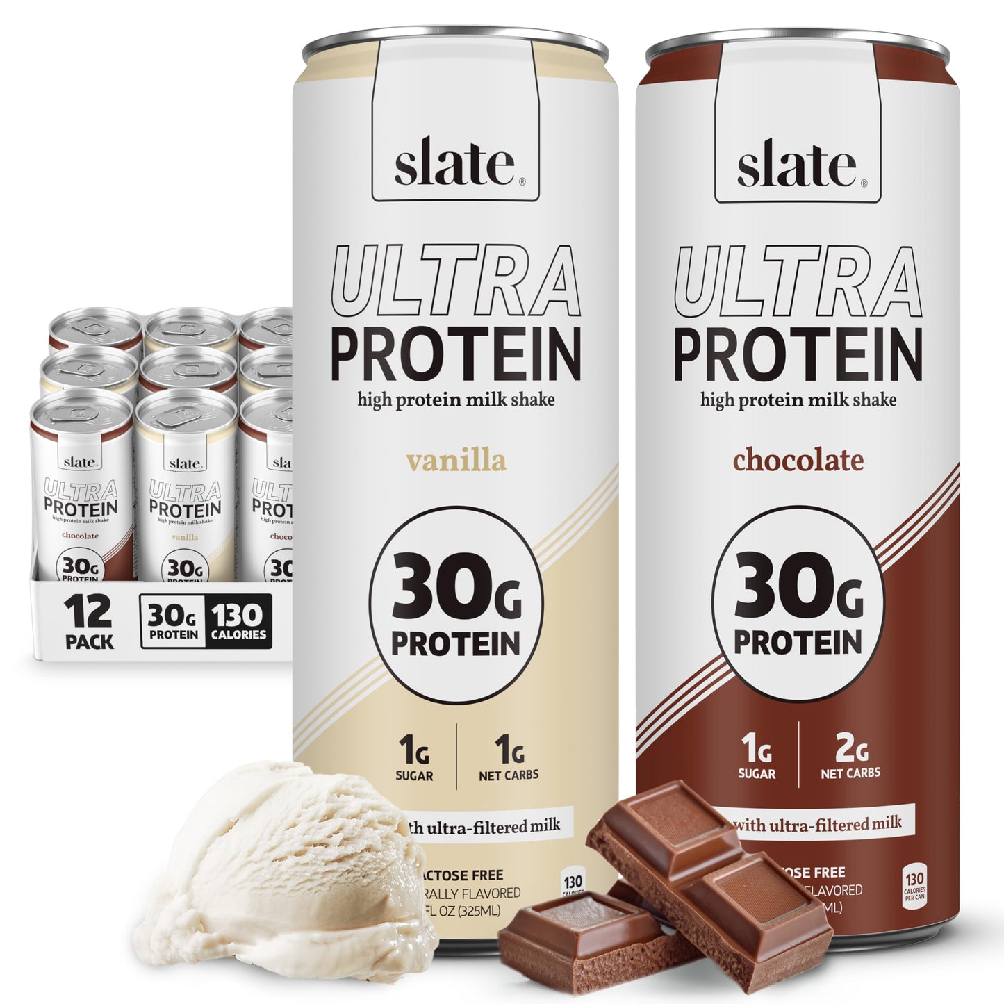 Slate Milk Ultra High Protein Milk Shake (Chocolate & Energy Pack) Chocolate & Café Mocha - 30g Protein, 1g Sugar, 130 Calories, 2g Net Carbs - No Added Sugar - Lactose Free - 11 fl oz, 12 Cans