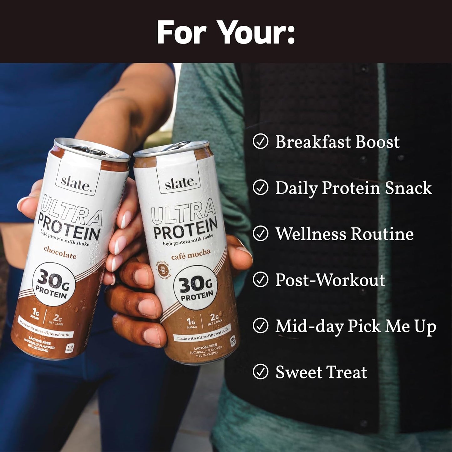 Slate Milk Ultra High Protein Milk Shake (Chocolate & Energy Pack) Chocolate & Café Mocha - 30g Protein, 1g Sugar, 130 Calories, 2g Net Carbs - No Added Sugar - Lactose Free - 11 fl oz, 12 Cans