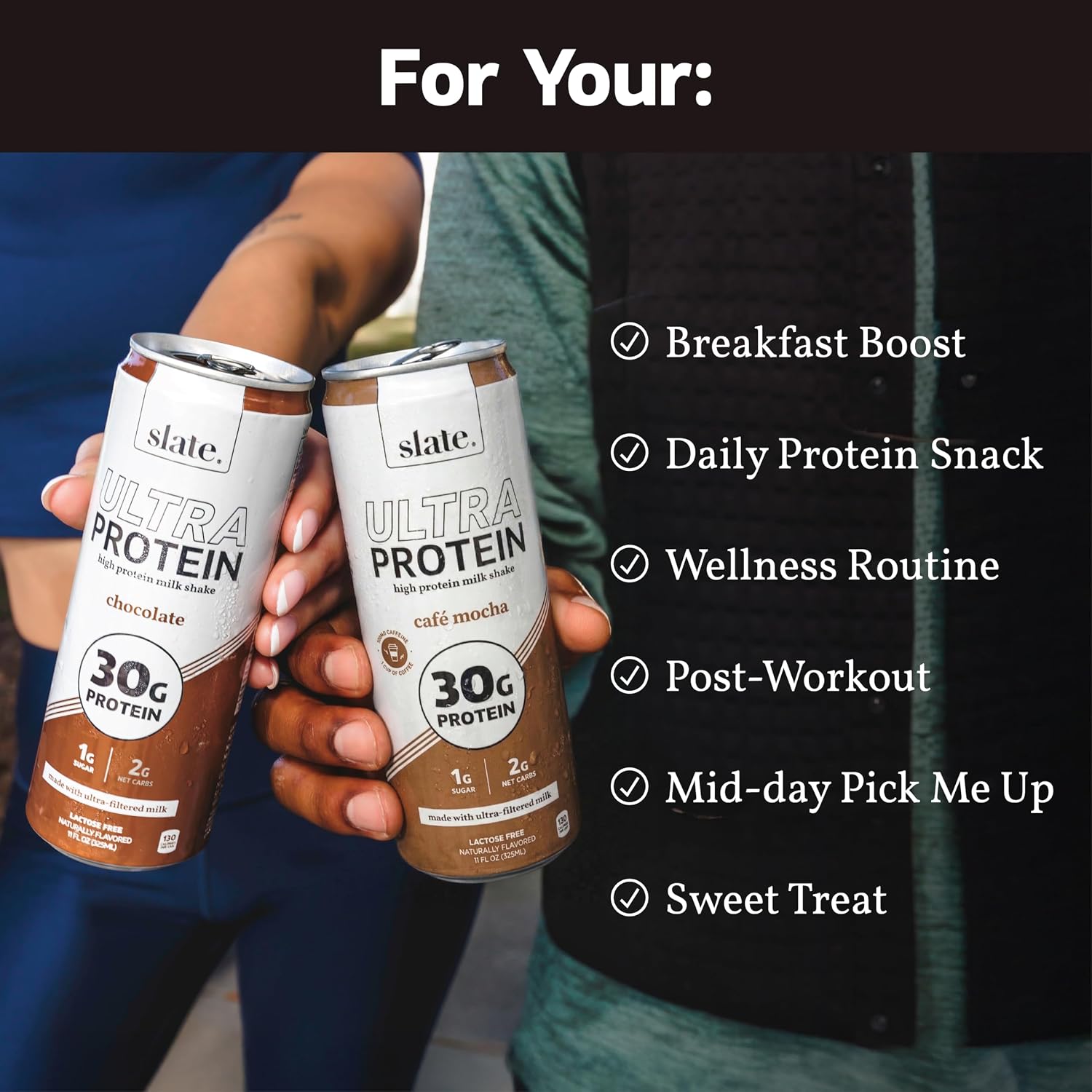 Slate Milk Ultra High Protein Milk Shake (Chocolate & Energy Pack) Chocolate & Café Mocha - 30g Protein, 1g Sugar, 130 Calories, 2g Net Carbs - No Added Sugar - Lactose Free - 11 fl oz, 12 Cans